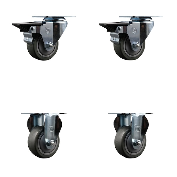 3'' Gray Poly Wheel Swivel Top Plate Caster Set with 2 Posi Brakes 2 Rigid, 4PK